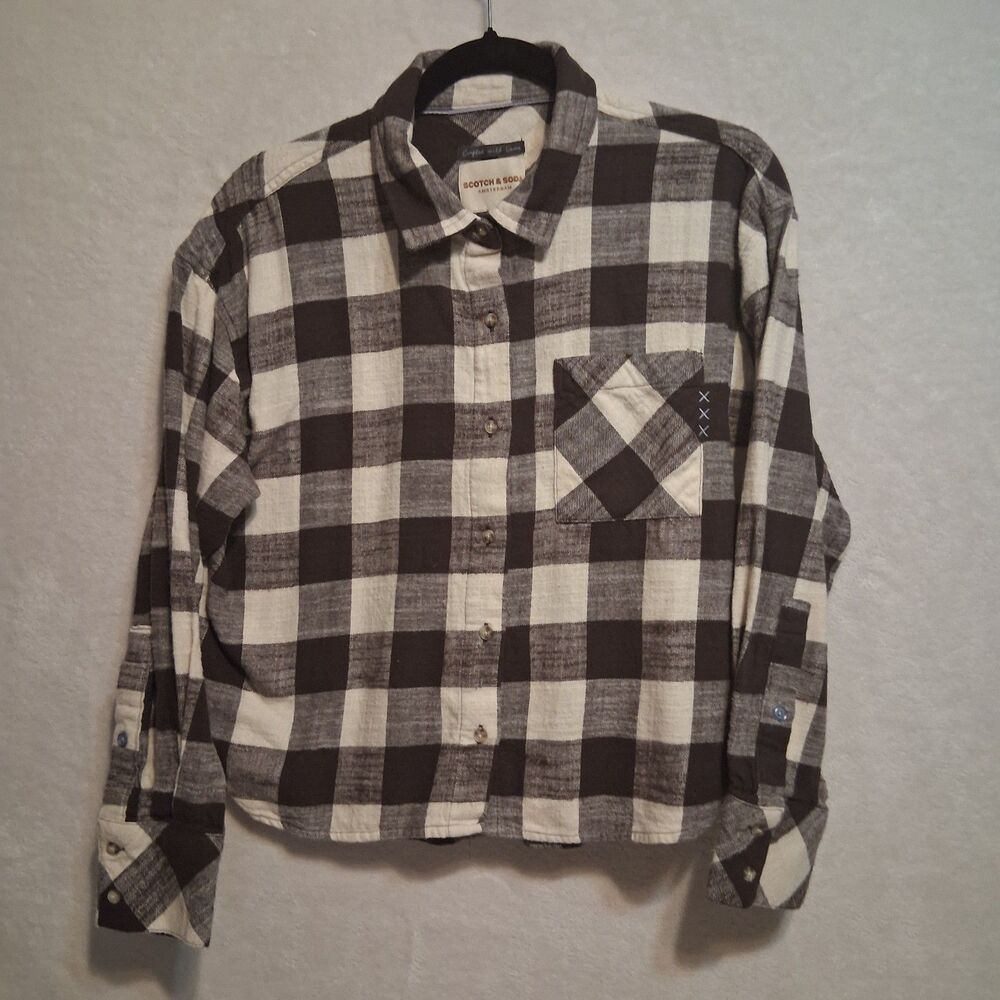 Scotch & Soda M Top Flannel Brown Plaid Cotton Cropped Boxy Soft Preppy Classic